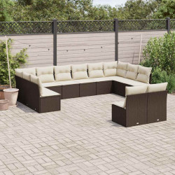 12 Pcs conjunto de sofás jardim com almofadões vime PE castanho