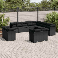 13 Pcs conjunto de sofás de jardim com almofadões vime PE preto