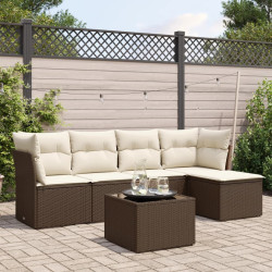 6 Pcs conjunto de sofás jardim c/ almofadões vime PE castanho