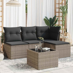5 Pcs conjunto sofás de jardim c/ almofadões vime PE cinzento