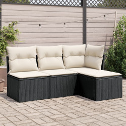 4 Pcs conjunto de sofás para jardim c/ almofadões vime PE preto