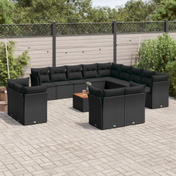 14 Pcs conjunto de sofás p/ jardim c/ almofadões vime PE preto