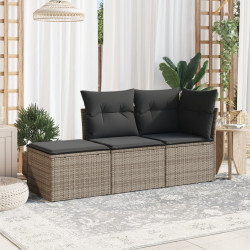3 Pcs conjunto sofás de jardim c/ almofadões vime PE cinzento