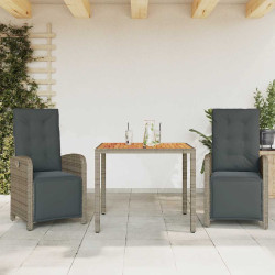 3 Pcs conjunto bistrô com almofadões vime PE cinza