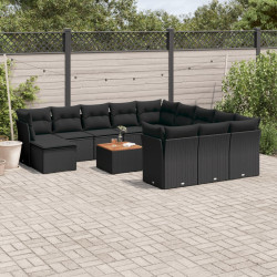 13 Pcs conjunto de sofás de jardim com almofadões vime PE preto