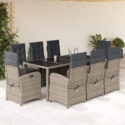 9 Pcs conjunto de jantar p/ jardim c/ almofadões vime PE cinza