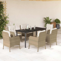 7 Pcs conjunto de jantar p/ jardim com almofadões vime PE bege