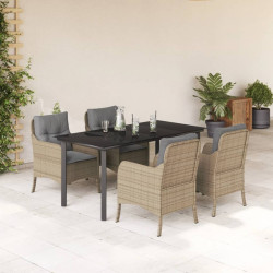 5 Pcs conjunto de jantar p/ jardim com almofadões vime PE bege