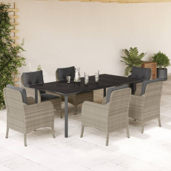 7 Pcs conj. jantar p/ jardim c/ almofadões vime PE cinza-claro
