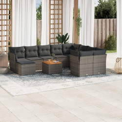 11 Pcs conjunto sofás de jardim c/ almofadões vime PE cinzento