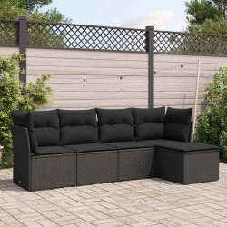 5 Pcs conjunto sofás de jardim com almofadões vime PE preto
