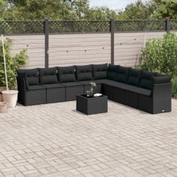 10 Pcs conjunto sofás de jardim c/ almofadões vime PE preto