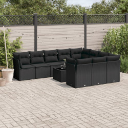 11 Pcs conjunto sofás de jardim c/ almofadões vime PE preto
