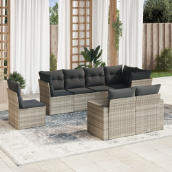 8 Pcs conj. sofás jardim c/ almofadões vime PE cinzento-claro