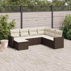 7 Pcs conjunto de sofás jardim c/ almofadões vime PE castanho