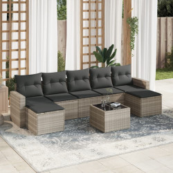 8 Pcs conj. sofás jardim c/ almofadões vime PE cinzento-claro