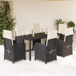 7 Pcs conjunto de jantar p/ jardim c/ almofadões vime PE preto