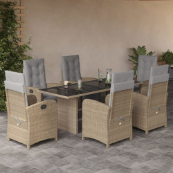 7 Pcs conjunto de jantar p/ jardim com almofadões vime PE bege