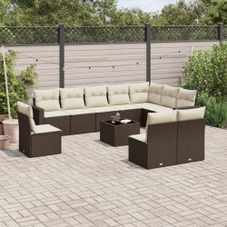 11 Pcs conjunto sofás de jardim c/ almofadões vime PE castanho