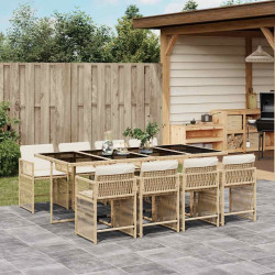 9 Pcs conjunto de jantar p/ jardim com almofadões vime PE bege