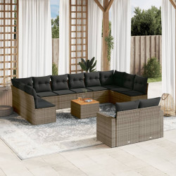 13 Pcs conjunto sofás p/ jardim c/ almofadões vime PE cinzento