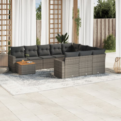 11 Pcs conjunto sofás de jardim c/ almofadões vime PE cinzento