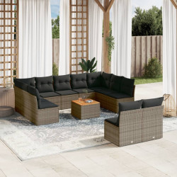 12 Pcs conjunto de sofás jardim c/ almofadões vime PE cinzento