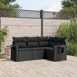4 Pcs conjunto de sofás para jardim c/ almofadões vime PE preto