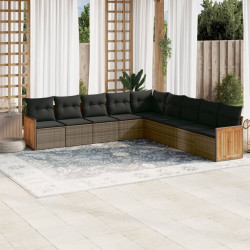 9 Pcs conjunto sofás p/ jardim com almofadões vime PE cinzento