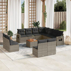 12 Pcs conjunto de sofás jardim c/ almofadões vime PE cinzento