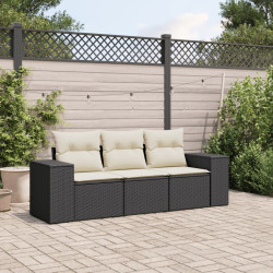 3 Pcs conjunto sofás de jardim com almofadões vime PE preto