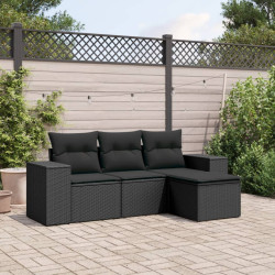 4 Pcs conjunto de sofás para jardim c/ almofadões vime PE preto
