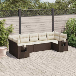7 Pcs conjunto de sofás jardim c/ almofadões vime PE castanho