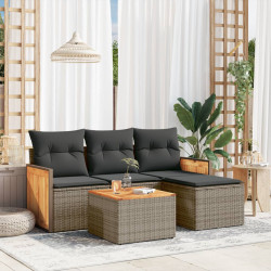 5 Pcs conjunto sofás de jardim c/ almofadões vime PE cinzento