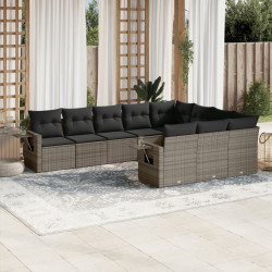 10 Pcs conjunto sofás de jardim c/ almofadões vime PE cinzento