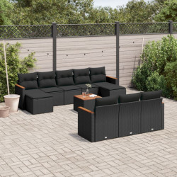 11 Pcs conjunto sofás de jardim c/ almofadões vime PE preto
