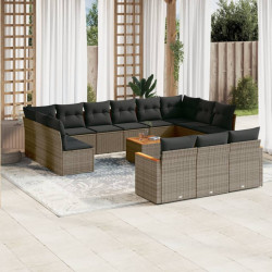 14 Pcs conjunto sofás p/ jardim c/ almofadões vime PE cinzento