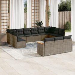 13 Pcs conjunto sofás p/ jardim c/ almofadões vime PE cinzento