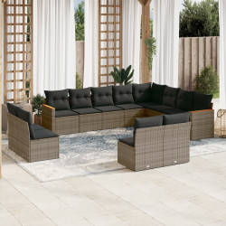 12 Pcs conjunto de sofás jardim c/ almofadões vime PE cinzento