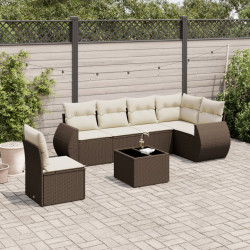 7 Pcs conjunto de sofás jardim c/ almofadões vime PE castanho