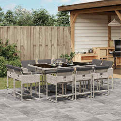 11 Pcs conjunto jantar p/ jardim c/ almofadões vime PE cinzento