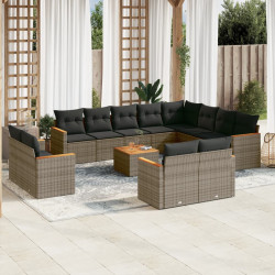 13 Pcs conjunto sofás p/ jardim c/ almofadões vime PE cinzento