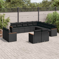 13 Pcs conjunto de sofás de jardim com almofadões vime PE preto