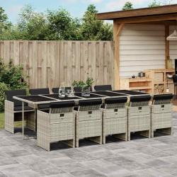 11 Pcs conjunto jantar p/ jardim c/ almofadões vime PE cinzento