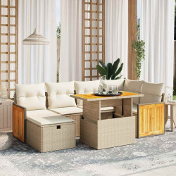 7 Pcs conjunto de sofás p/ jardim com almofadões vime PE bege