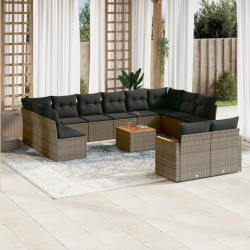 13 Pcs conjunto sofás p/ jardim c/ almofadões vime PE cinzento