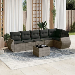 7 Pcs conjunto sofás p/ jardim c/ almofadões vime PE cinzento