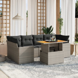 7 Pcs conjunto sofás p/ jardim c/ almofadões vime PE cinzento