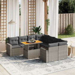 9 Pcs conjunto sofás p/ jardim com almofadões vime PE cinzento