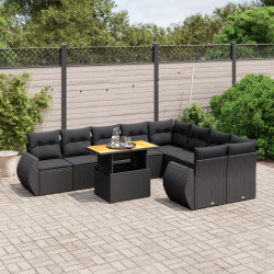 10 Pcs conjunto sofás de jardim c/ almofadões vime PE preto